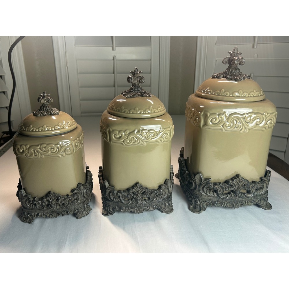 Drake Design Tuscan Design Canister Set Olive Fleur DeLis Scroll Ceramic 3 Piece